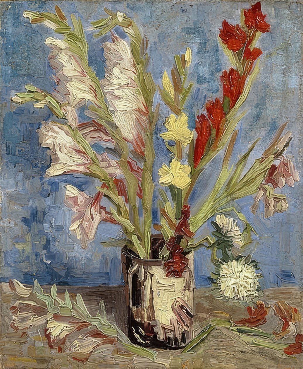 Váza s mečíky a astry. 1886 od Vincent van Gogh