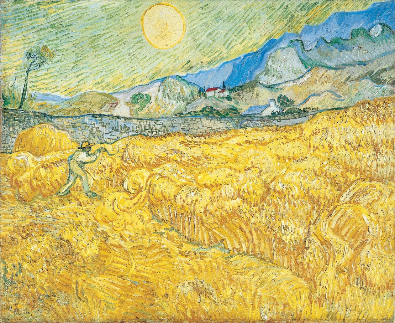 Pšeničné pole za nemocnicí Saint-Paul s žacími stroji od Vincent van Gogh