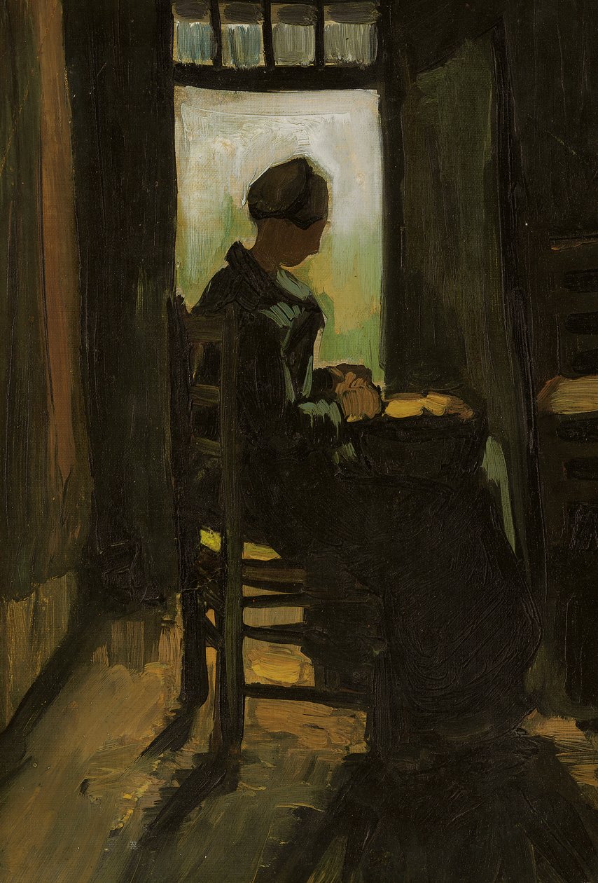 Žena sedící před otevřenými dveřmi, loupání brambor, 1885 od Vincent van Gogh