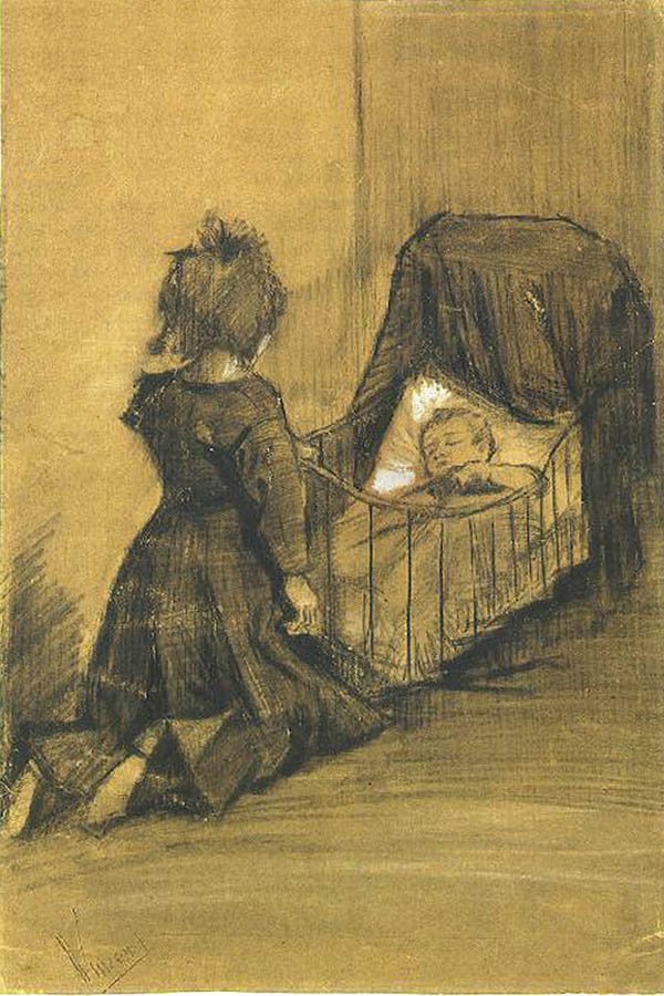 Dívka klečící u kolébky F 1024 JH 336 od Vincent van Gogh