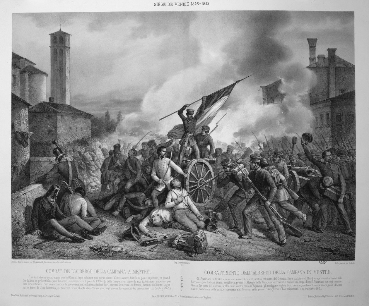 Bitva u Albergo della Campana u Mestre 27. října 1848 během obléhání Benátek v letech 1848-9 (litho) od Vincenzo (after) Giacomelli