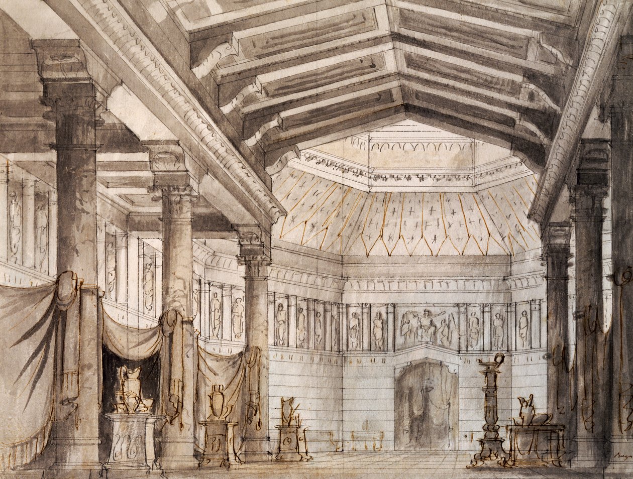 Scénografie Francesca Bagnara pro druhou scénu Norma, operu Vincenza Belliniho (1801-1835), uvedenou v divadle La Fenice v Benátkách od Vincenzo Bellini