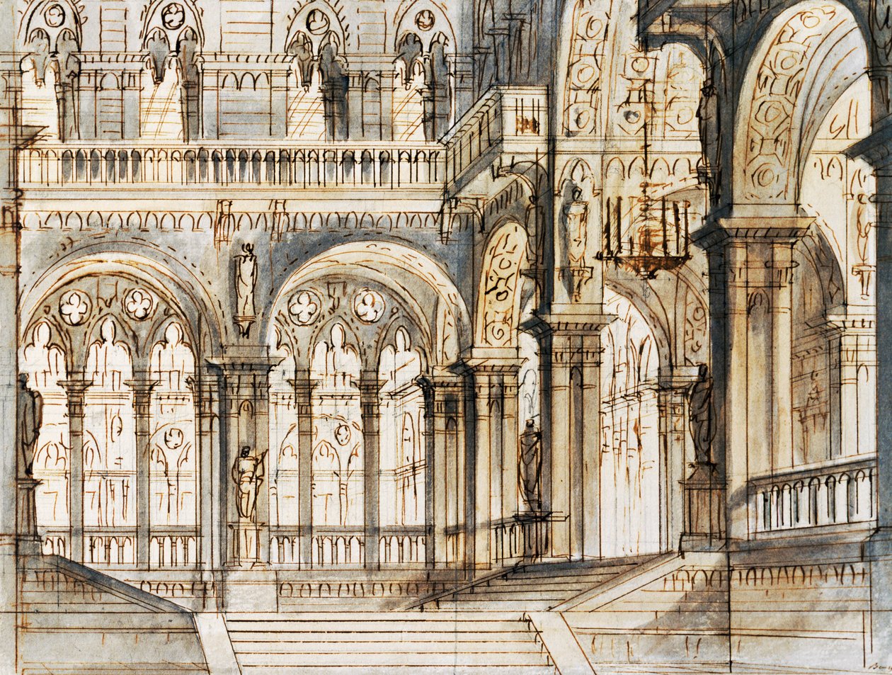 Scénografie Francesca Bagnara pro třetí scénu Capuleti a Montague, operu Vincenza Belliniho (1801-1835), uvedenou v divadle La Fenice v Benátkách od Vincenzo Bellini