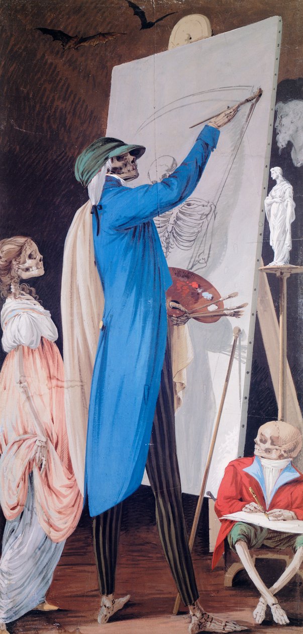 Malíř a jeho žena s trpaslíkem, z Cyklus scén živých koster, Paolo Vincenzo Bonomini (1757-1839), tempera na plátně Kostel Santa Grata Inter Vites, v Borgo Canale, Bergamo, Itálie od Vincenzo Bonomini