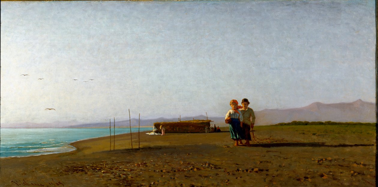 Pohled na pláž ve Viareggiu ranní slunce na toskánském pobřeží, dvě dětské siluety. Obraz Vincenza Cabianca (1827-1902) od Vincenzo Cabianca