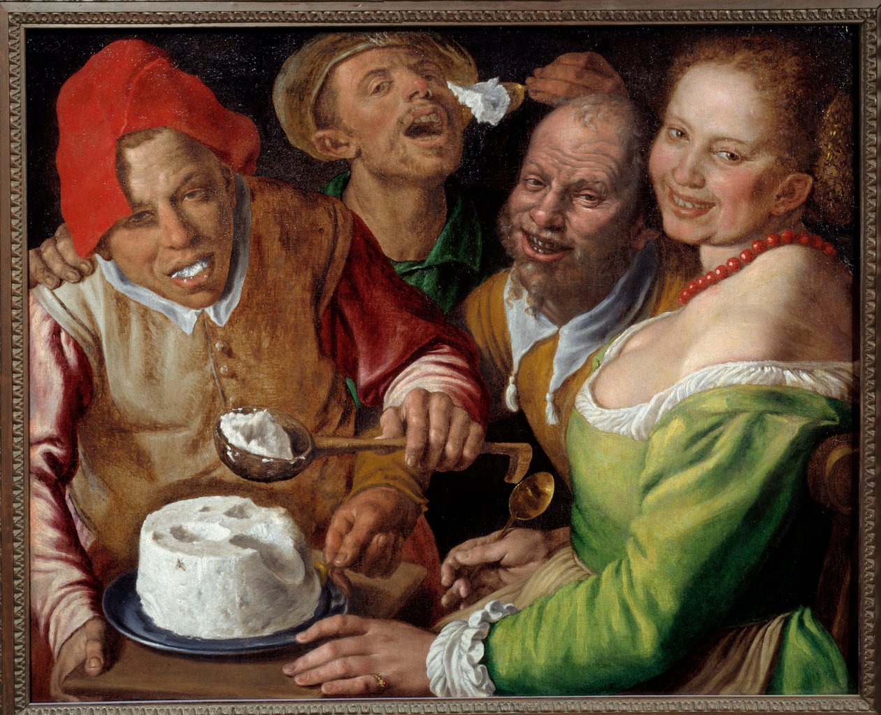 Jedáci ricotty Postavy s výraznými a groteskními tvářemi jedí sýr naběračkou. Obraz Vincenza Campiho (1536-1591) od Vincenzo Campi