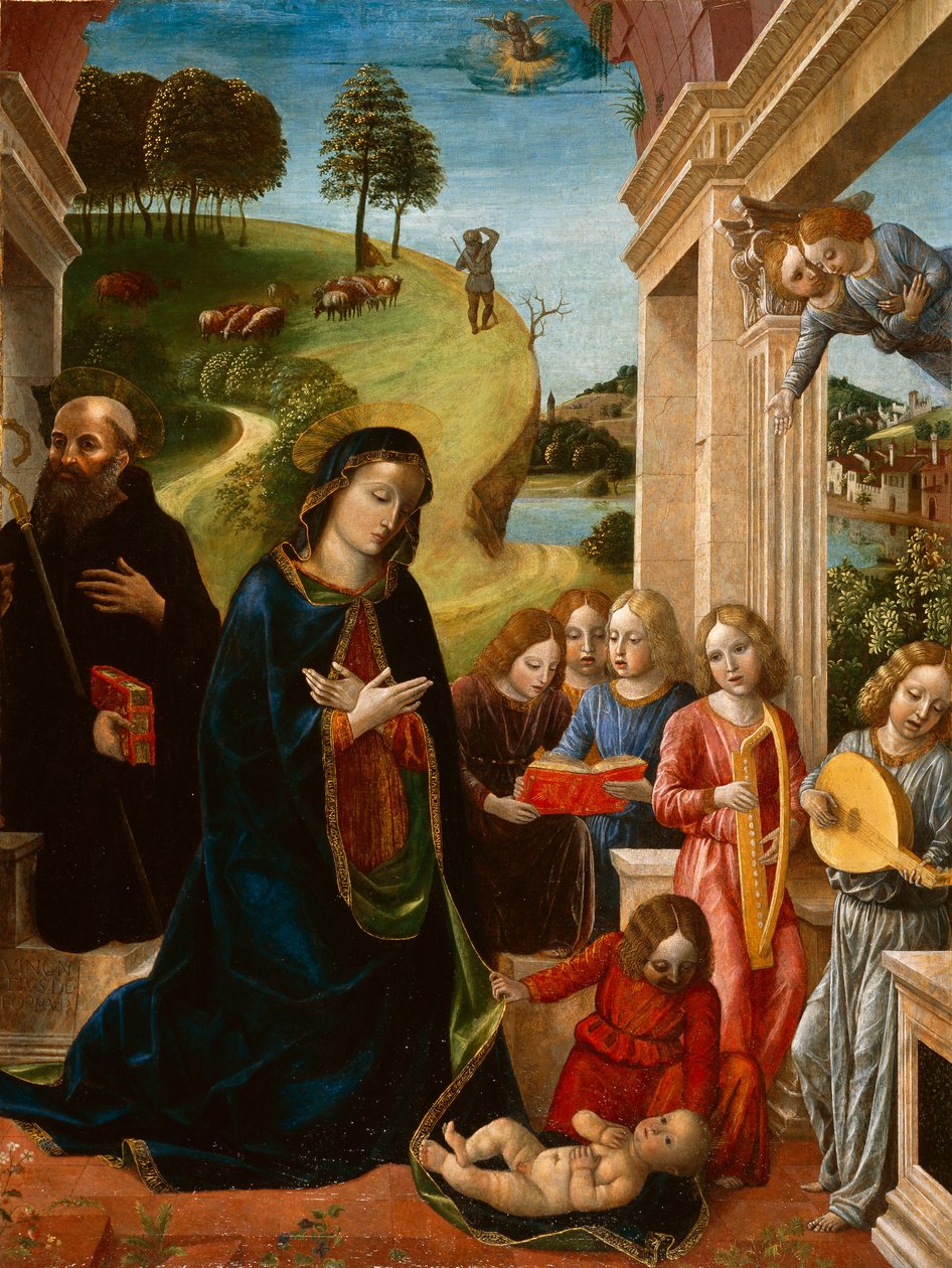 Klanění dítěte se sv. Benediktem a anděly, kolem 1478 (tempera na plátně) od Vincenzo Foppa