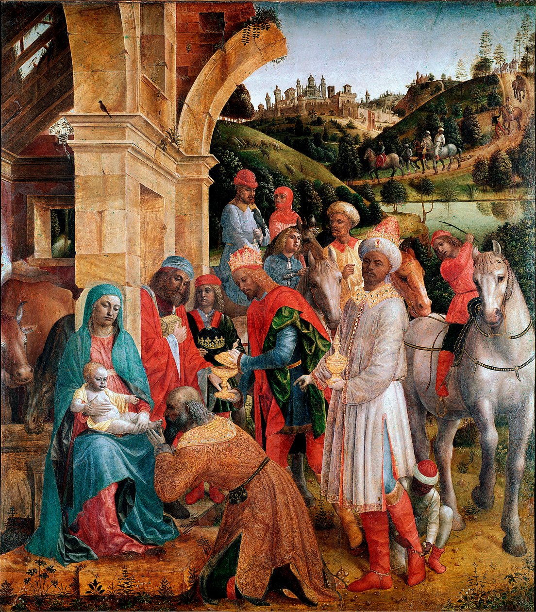 Klanění tří králů Obraz Vincenzo Foppa (asi 1427-1515) Ne. 239x210 cm Londýn, Národní galerie - Klanění králů, Vincenzo Foppa (asi 1427-asi 1515). Olej na topolu, 239x210 cm, cca 1500. Národní galerie, Londýn, Velká Británie od Vincenzo Foppa