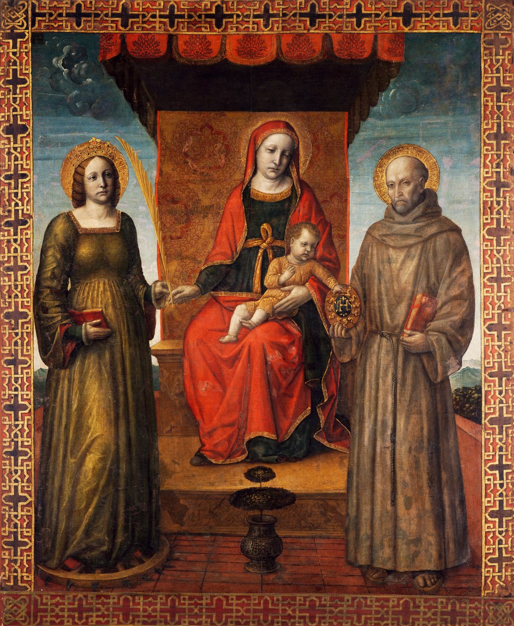 Trůnící Madona s dítětem se svatými Bernardinem a Kateřinou Alexandrijskou, rubová strana procesního praporu Orzinuovi, od Vincenza Foppy (cca 1427 - ca 1515), malba na plátně. od Vincenzo Foppa