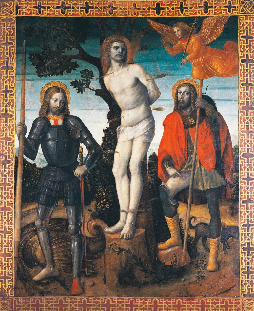 Sv. Šebestián, sv. Rocco a sv. Giorgio, rubová strana procesního praporu Orzinuovi, od Vincenza Foppy (cca 1427 - ca 1515), malba na plátně. od Vincenzo Foppa