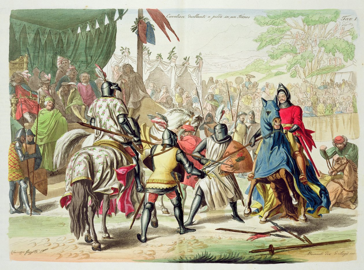 Rytíři v boji pěšky v turnaji, deska 1 z Historie národů, vyryl G. Lago od Vincenzo Gazzotto