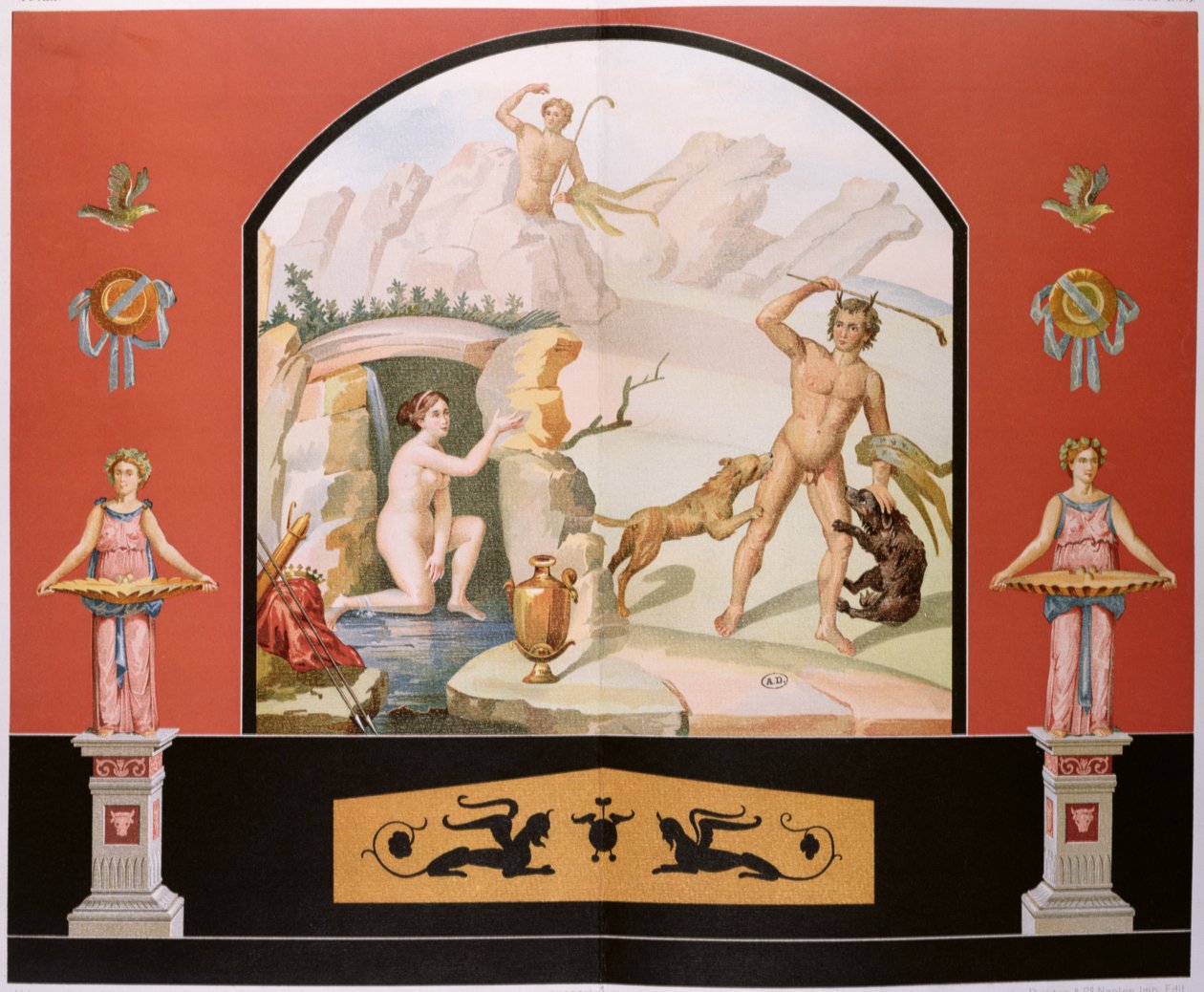 Actaeon objevuje bohyni Dianu v její koupeli, rekonstrukce fresky v Domě Sallust v Pompejích od Vincenzo Loria