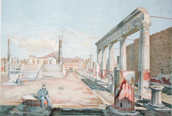 Strážce sedící mezi ruinami Pompejí (barevné lito) od Vincenzo Loria