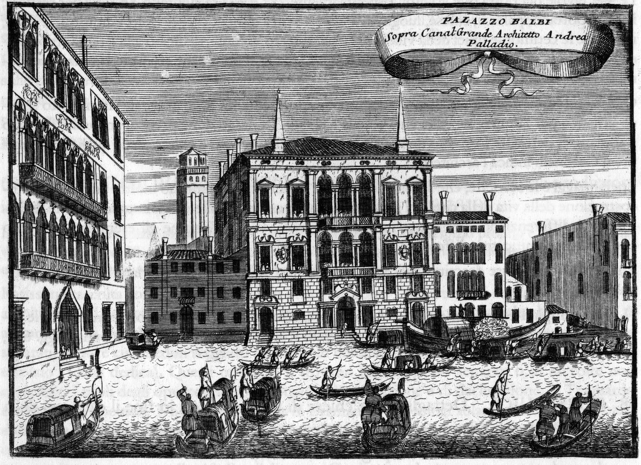 Benátky Itálie: Palazzo Balbi od architekta Andrey Palladia ve filmu „Singularita Benátek“ od Vincenza Coronelliho (1650-1718). od Vincenzo Maria Coronelli