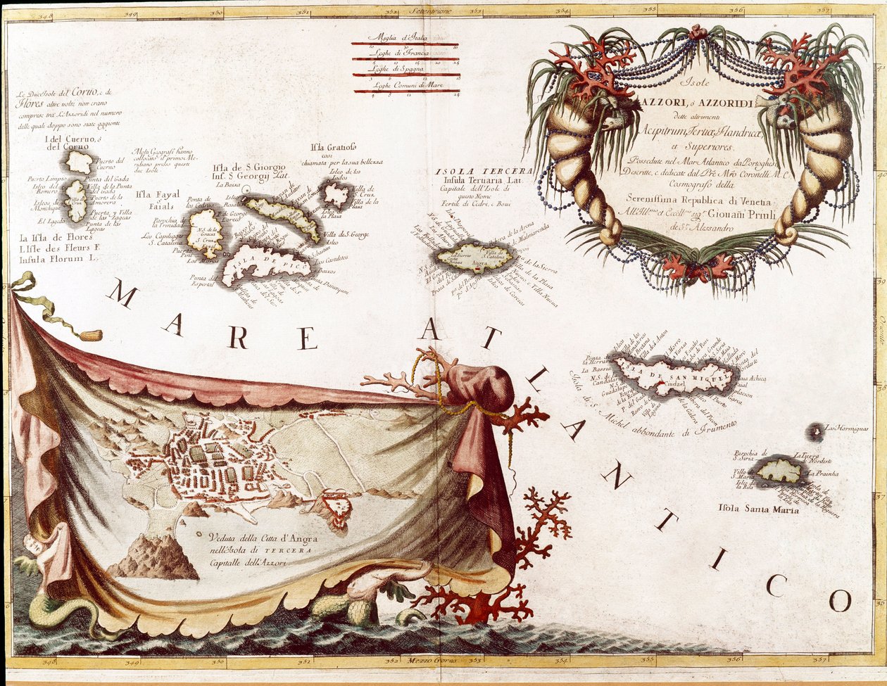Pohled na souostroví Azorské ostrovy v Atlantském oceánu (rytina od Vincenzo Maria Coronelli