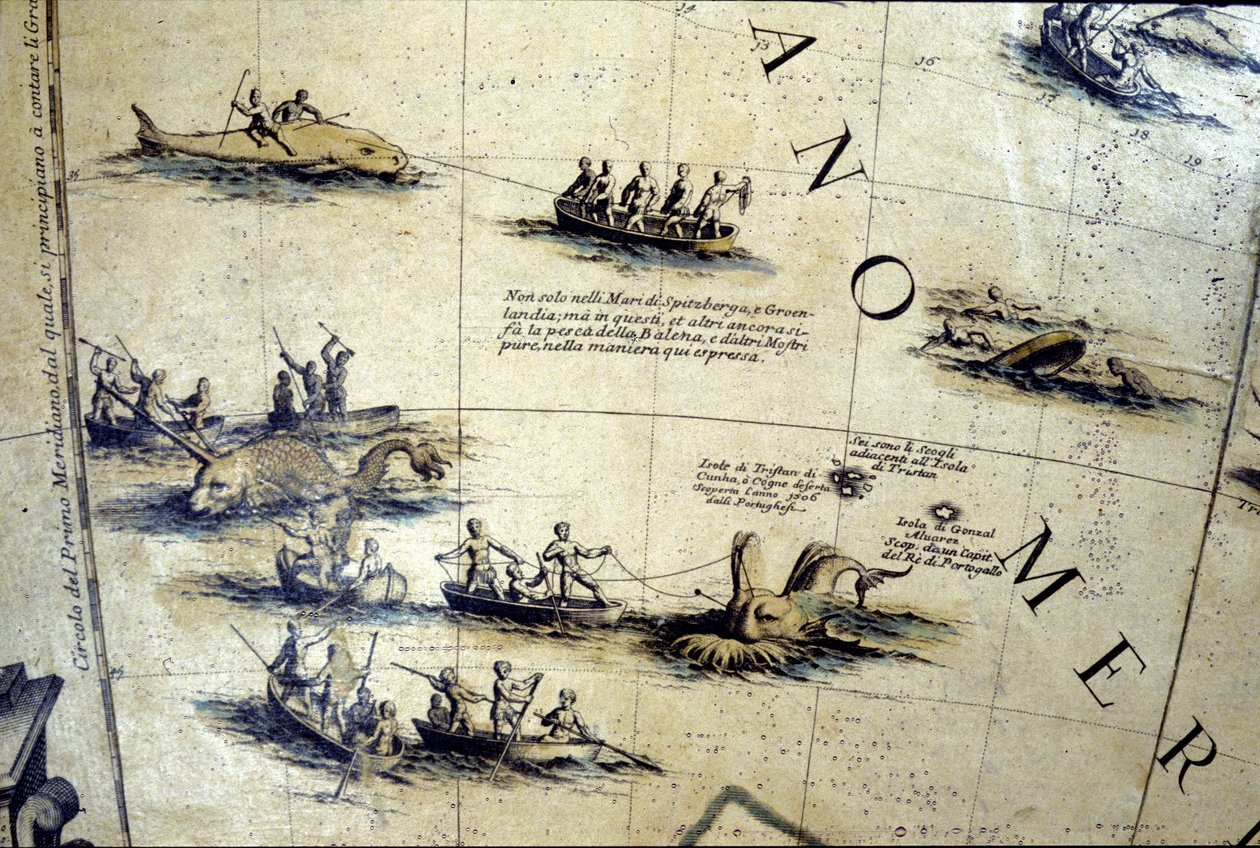 Lov velryb v Pacifiku. Detail koule Coronelli ze 17. století. od Vincenzo Maria Coronelli