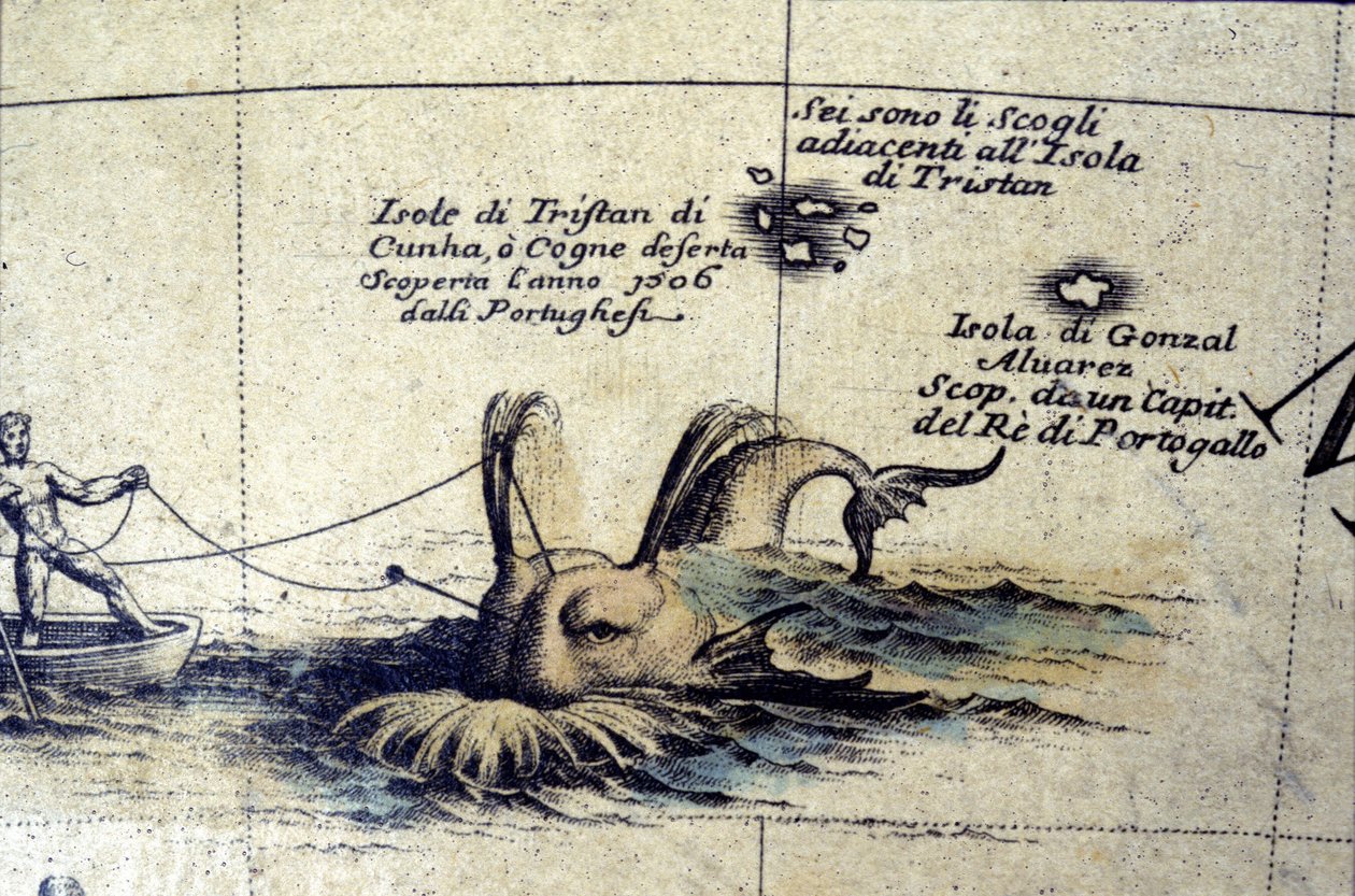 Lov velryb v jižním Atlantiku po glóbu Coronelli. 17. století od Vincenzo Maria Coronelli