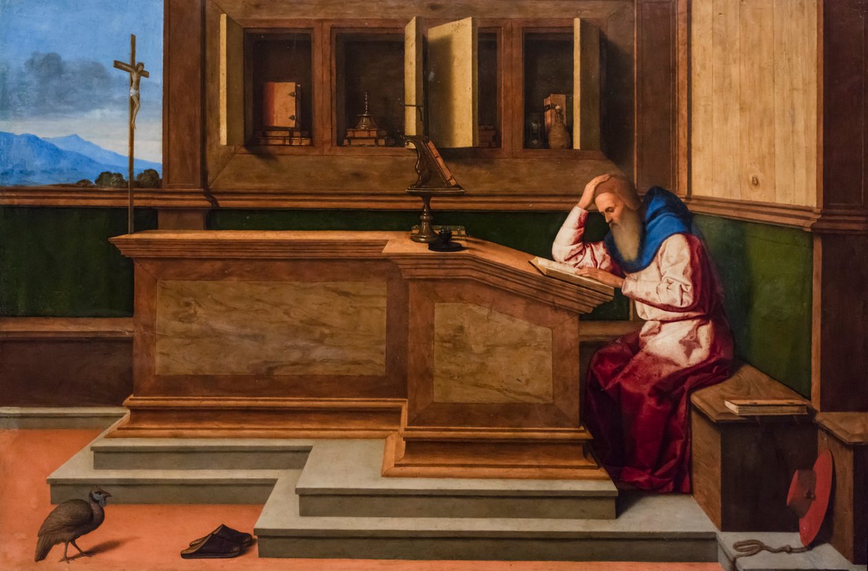 Svatý Jeroným ve své pracovně, asi 1515-1520 (smíšená technika na topolu) od Vincenzo di Biagio Catena