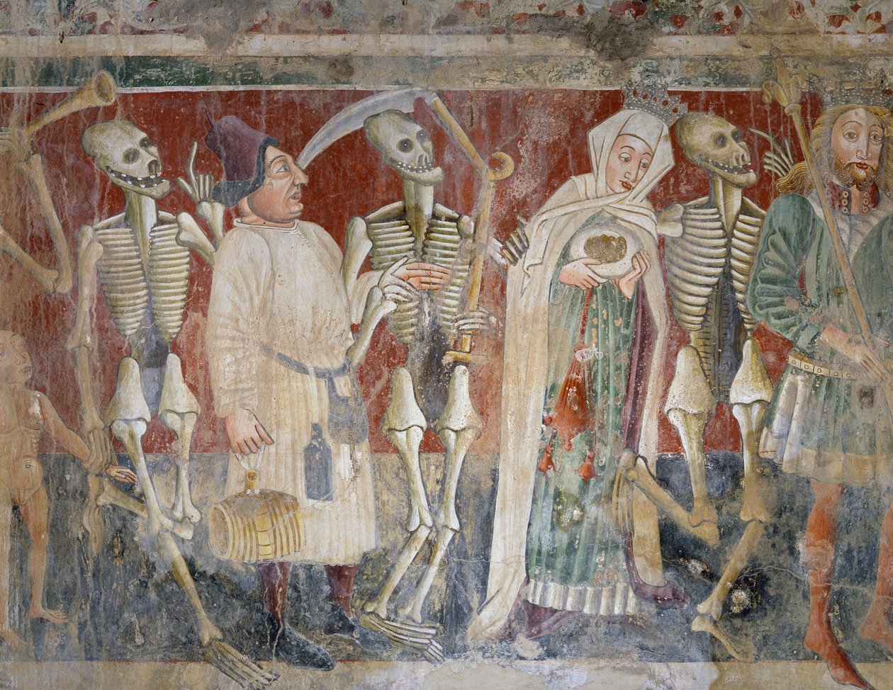Poblíž Pazinu, královna a kupec doprovázený Smrtí, Tanec smrti (1474), detail, freska na hřbitovním kostele kostela Panny Marie Skalní, Vincenzo da Castua, Beram, Istrie, Chorvatsko od Vincenzo di Castua