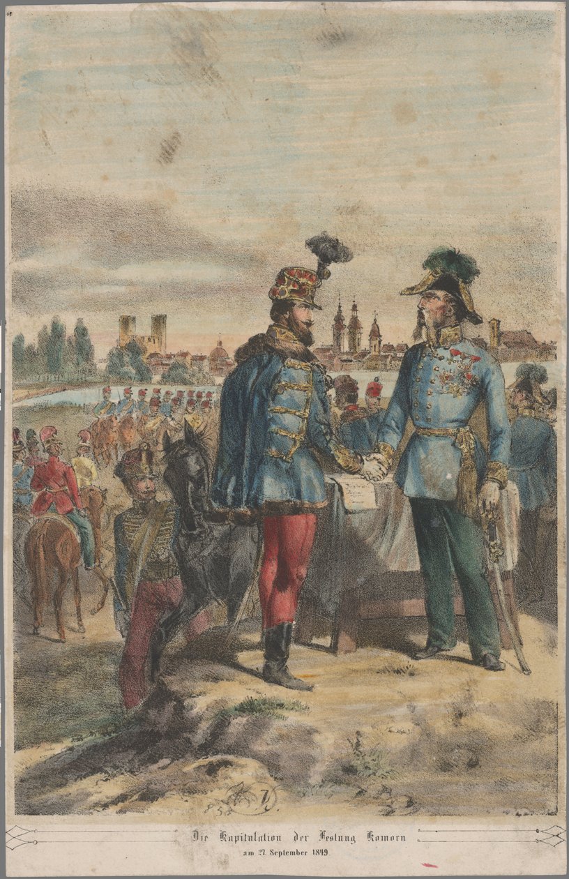 Generál György Klapka se 2. října 1849 vzdává pevnosti Komárom polnímu maršálovi Jacobu Juliovi von Haynau. od Vinzenz Katzler