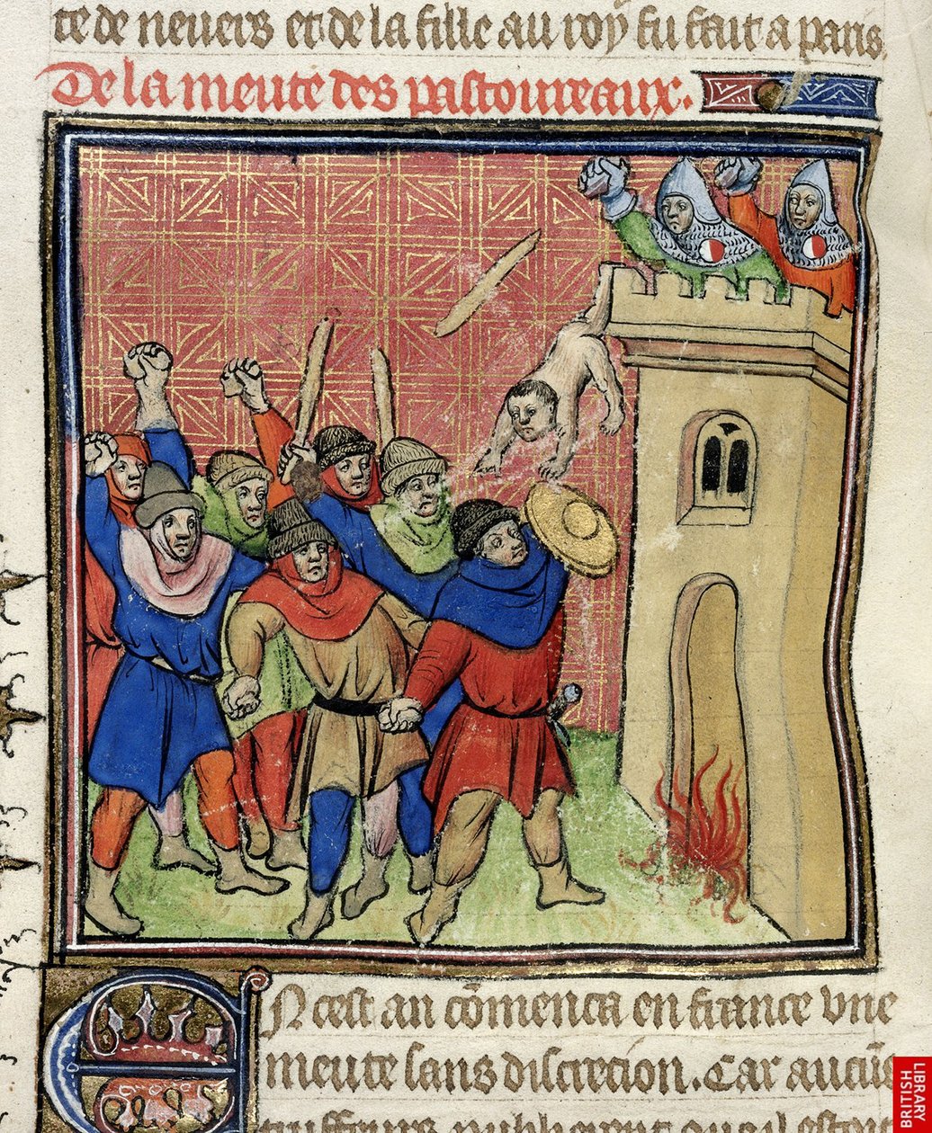 Detail miniatury třetí křížové výpravy z Pastoureaux. Židé házeli své děti z věže po roce 1380 od Virgil Master