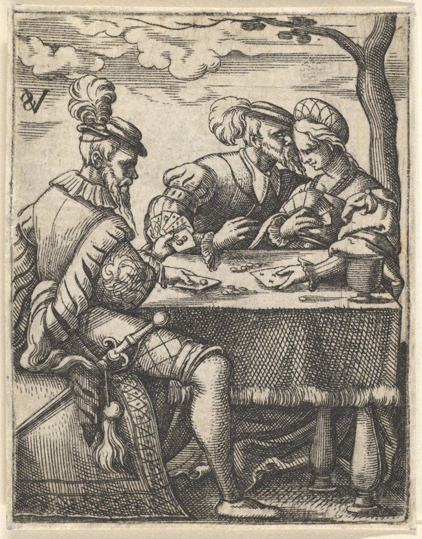 Dva muži a žena hrají karty u stolu, jeden muž tiskne nos směrem k ..., ca. 1535-62. od Virgil Solis