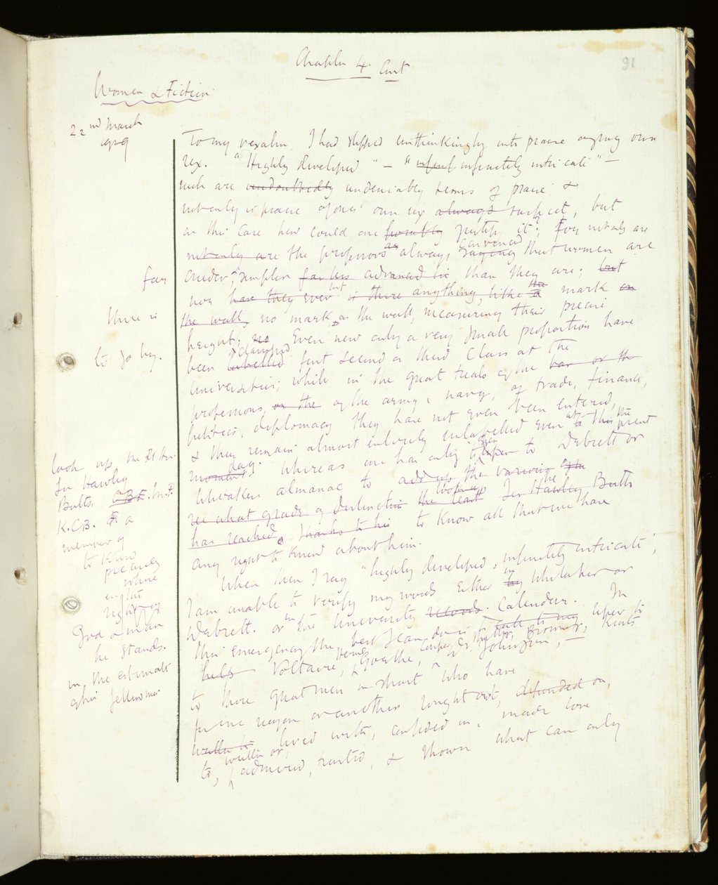 Ms 1-1942, str.91 Stránka z knihy Women in Fiction, vydané pod názvem A Room of Ones Own, 1929 (tuš na papíře) od Virginia Woolf