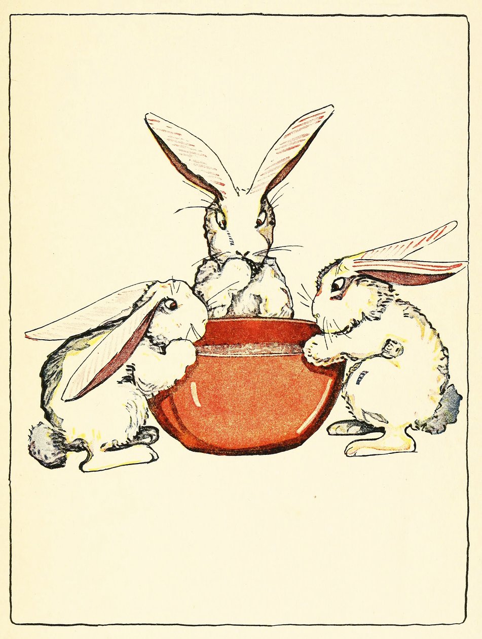 Flopsy, Mopsy a Cotton-Tail měli k večeři chléb, mléko a ostružiny z hospody The Tale of Peter Rabbit. 1916 (barevné lito) od Virginia Albert