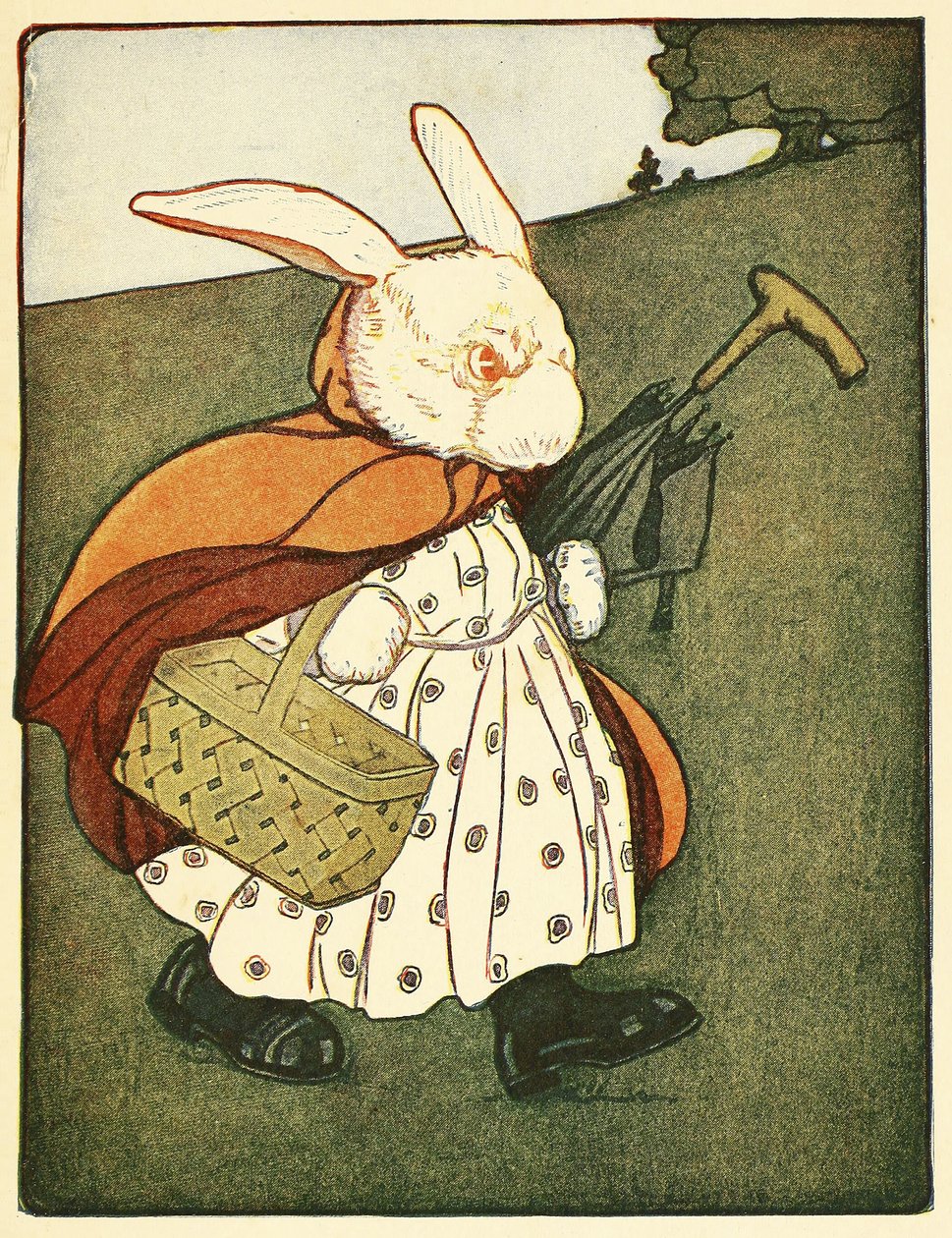 Pak šla stará paní Rabbitová lesem do pekárny, z hospody Pohádka o králíkovi Petrovi. 1916 (barevné lito) od Virginia Albert