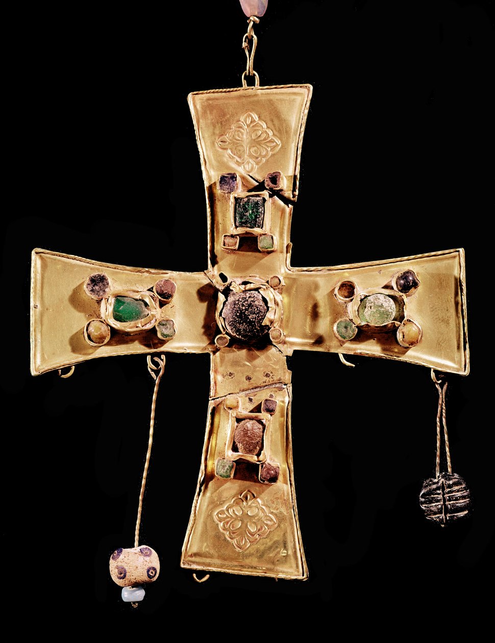 Kříž Torredonjimeno (kov vykládaný drahými kameny a květinovými ornamenty, 6.–7. století) od Visigothic