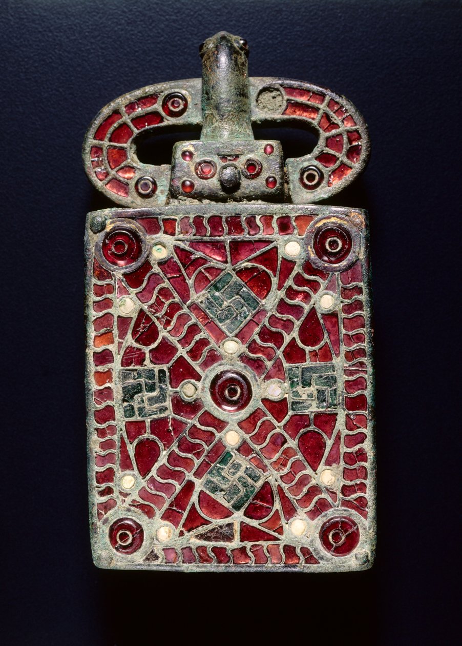 Přezka na opasek, c.525-560 (bronz s granáty, sklo, perleť, zlatá fólie, stopy zlacení; bronz a sklo) od Visigothic Visigothic