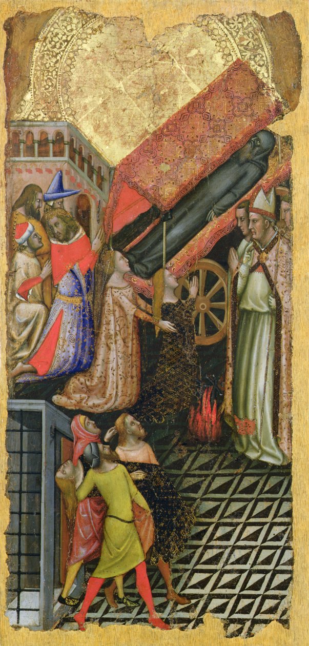 Uzdravení dcery císaře Konstantina, Pohřeb svatého Antonína (nahoře); Dcera císaře Konstantina posedlá ďáblem (dole) od Vitale da Bologna