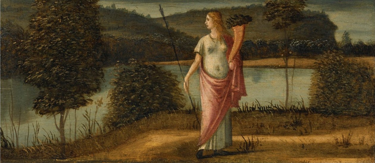 Alegorická postava ženy v krajině s kopím od Vittore Carpaccio