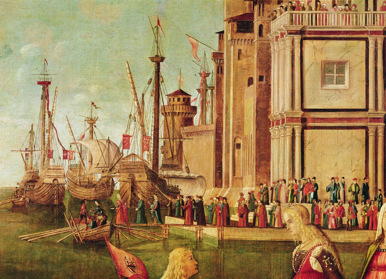 Detail setkání Etheria a Uršuly a odchodu poutníků, z cyklu sv. Voršily, kolem 1490-96 (detail 56472) od Vittore Carpaccio