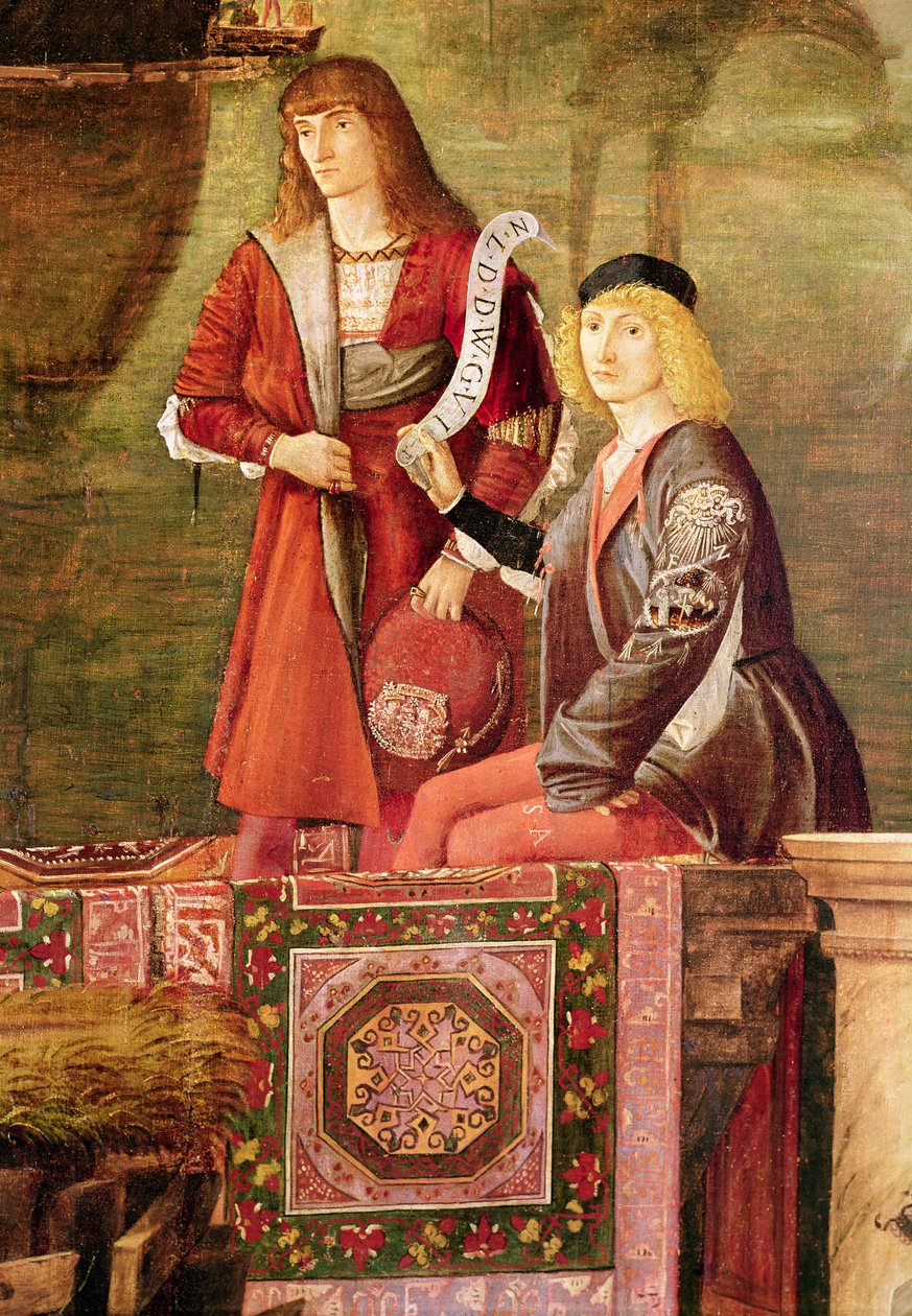 Setkání Eteria a Uršuly a odchod poutníků, z cyklu Svatá Uršula, detail dvou mužů uprostřed, 1495 od Vittore Carpaccio