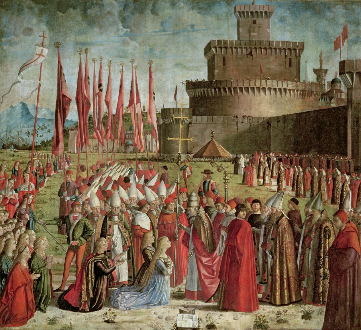 Poutníci se setkávají s papežem Cyriakem před římskými hradbami, z cyklu sv. Voršily, 1498 od Vittore Carpaccio
