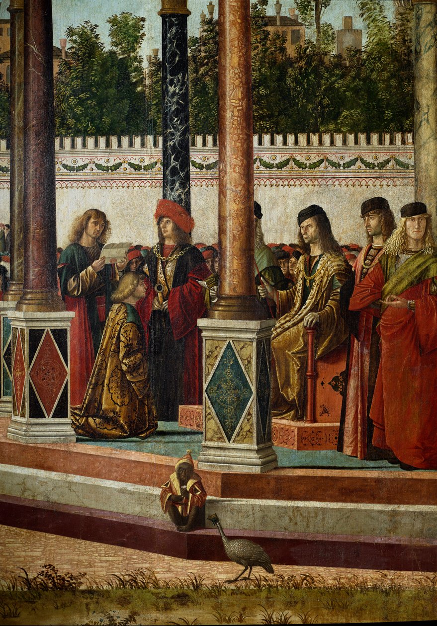 Cyklus života svaté Uršuly (bretonské princezny). Třetí epizoda: návrat velvyslanců k anglickému králi. Detail představující krále. Výpis z legende doree od Jacquese de Voragine (asi 1228-1298). Obraz Vittore Scarpazza dit od Vittore Carpaccio