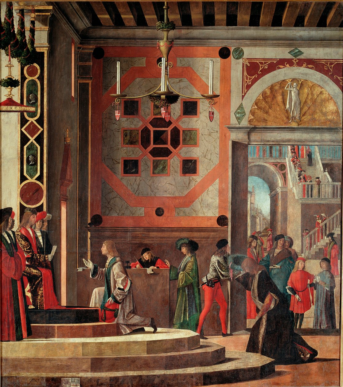 Cyklus života svaté Uršuly, druhý stůl: Sbohem (neboli odchod) velvyslanců. (olej na panelu od Vittore Carpaccio