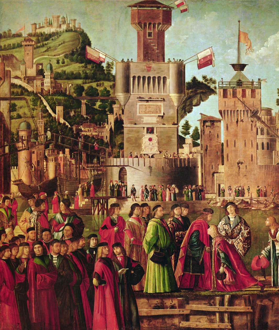 Detail setkání Etheria a Uršuly a odchodu poutníků, z cyklu sv. Voršily, kolem 1490-96 (detail 56472) od Vittore Carpaccio