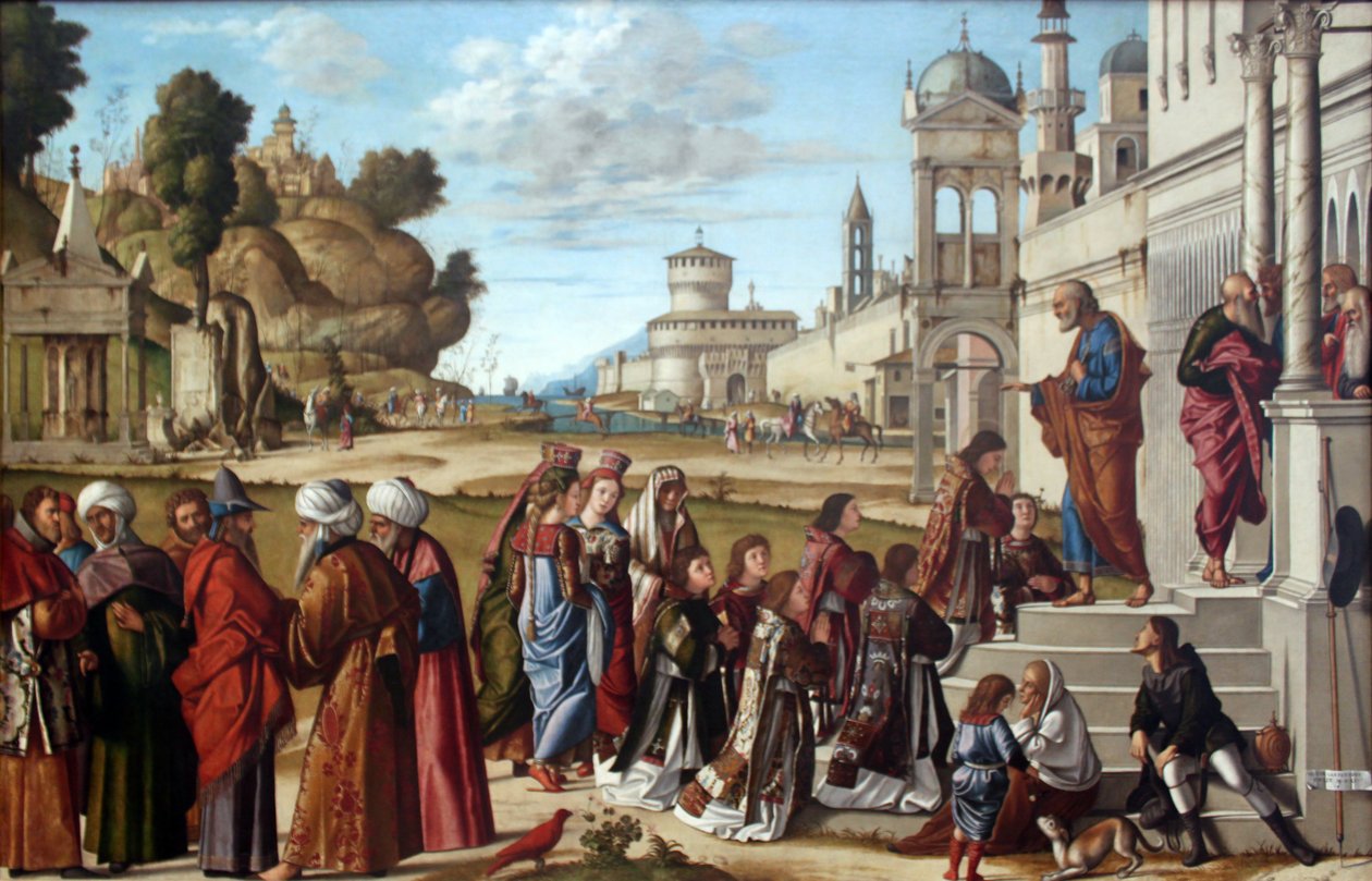 Německy: Die Weihe des Heiligen Stephanus zum Diakon Svěcení svatého Štěpána na jáhna od Vittore Carpaccio