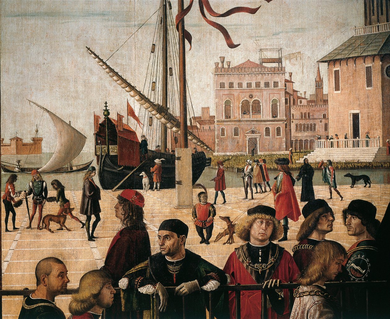 Itálie, Benátky, scény ze života svaté Uršuly (ze Zlaté legendy od Jacobuse de Voragine) Příjezd anglických velvyslanců, přístav detailů od Vittore Carpaccio