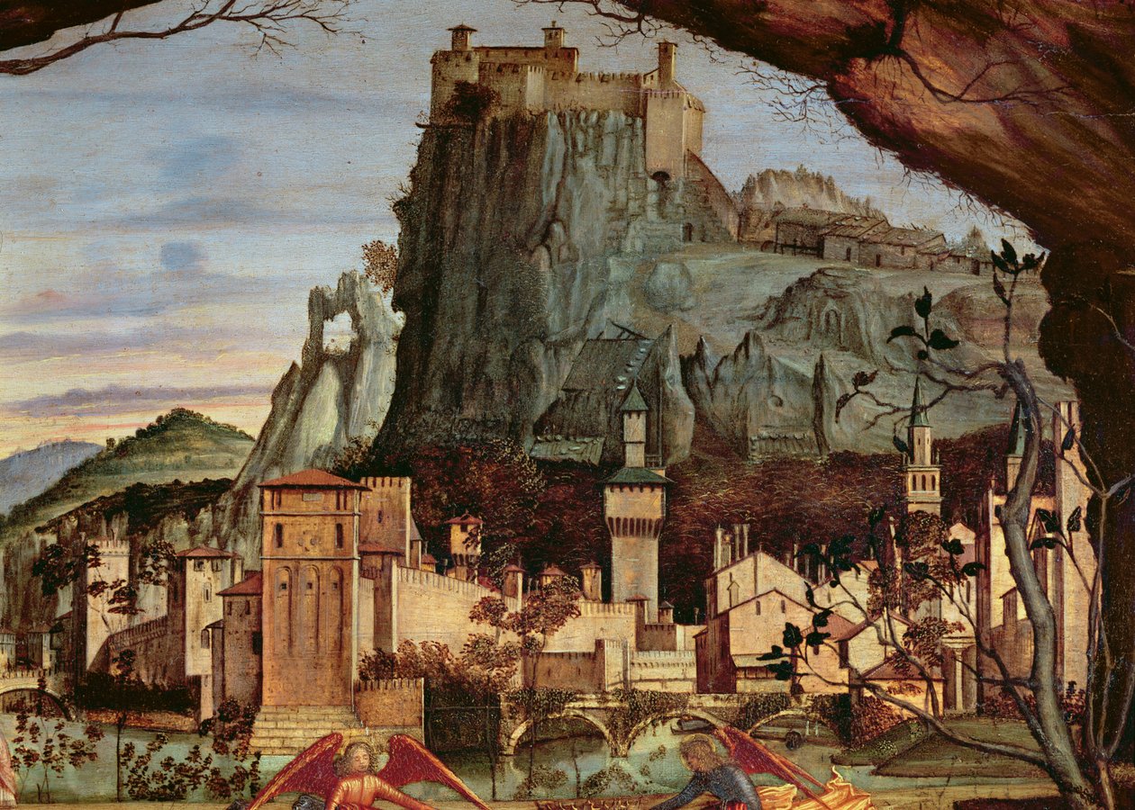 Sacra conversazione, detail města a hradu v pozadí detail panelu 84002 od Vittore Carpaccio