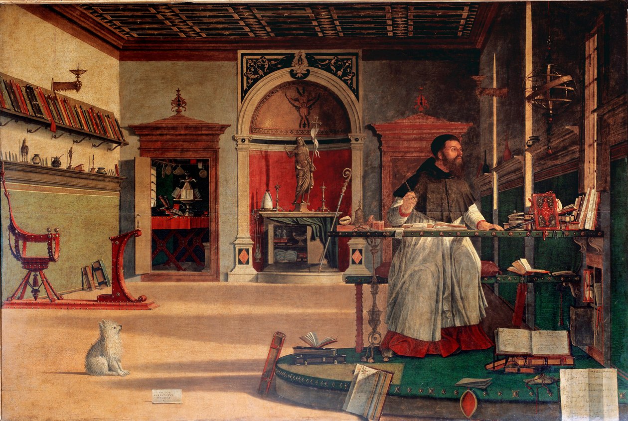 Svatý Augustin ve své kanceláři aneb „Vize svatého Augustina“ Předvečer Hrocha je zastoupen v okamžiku velké inspirace. Obraz Vittore Carpaccia (asi 1460-1526) 1502-1507 Ne. 141x210 cm Benátky, Scuola di San Giorgio degli Schiavoni od Vittore Carpaccio