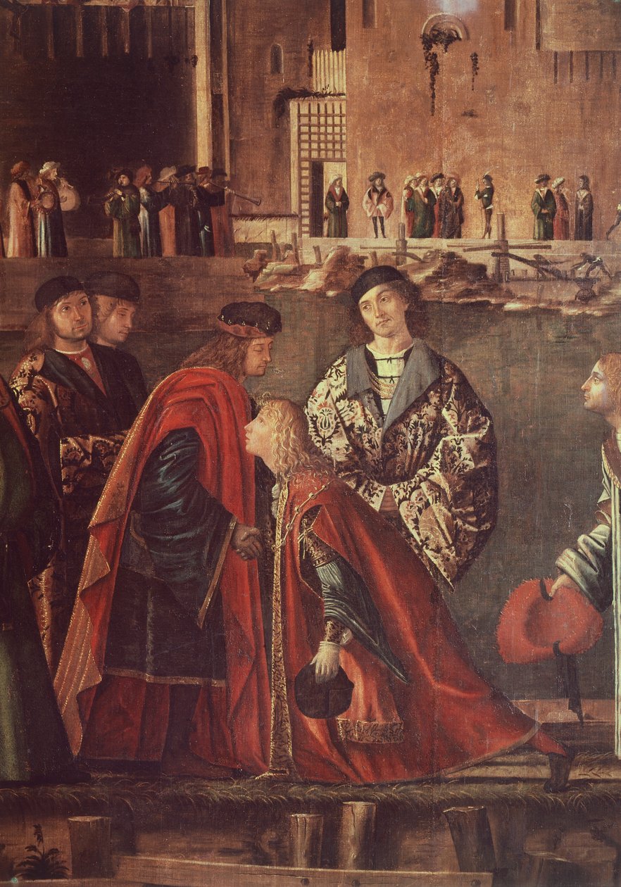 Příběhy svaté Uršuly, Setkání Etheria a Uršuly a Odjezd poutníků, Ereo se loučí se svým otcem, Vittore Carpaccio (asi 1465-asi 1526), tempera na plátně, 280x611 cm od Vittore Carpaccio