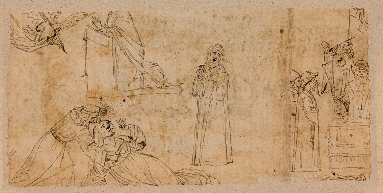 Studie pro zvěstování; za Umučení svaté Agáty; pro smuteční Madonu (pero a inkoust přes křídu na papíře) (verze 5933930) od Vittore Carpaccio