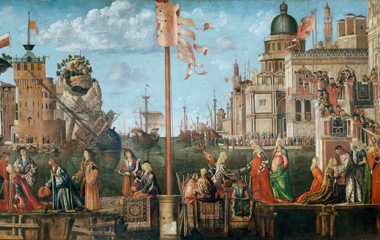 Setkání Etheria a Uršuly a odchod poutníků z cyklu Svaté Voršily, původně ve Scuola di SantOrsola, Benátky, 1498 (detail 56472) od Vittore Carpaccio