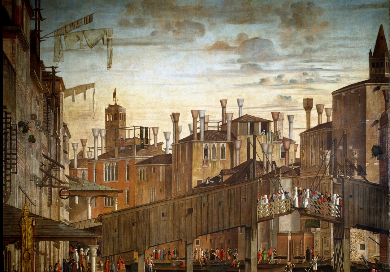 Zázrak relikvie svatého kříže na mostě Rialto v Benátkách, detail. Obraz Vittore Scarpazza dit Vittore Carpaccio (1460-1525) od Vittore Carpaccio