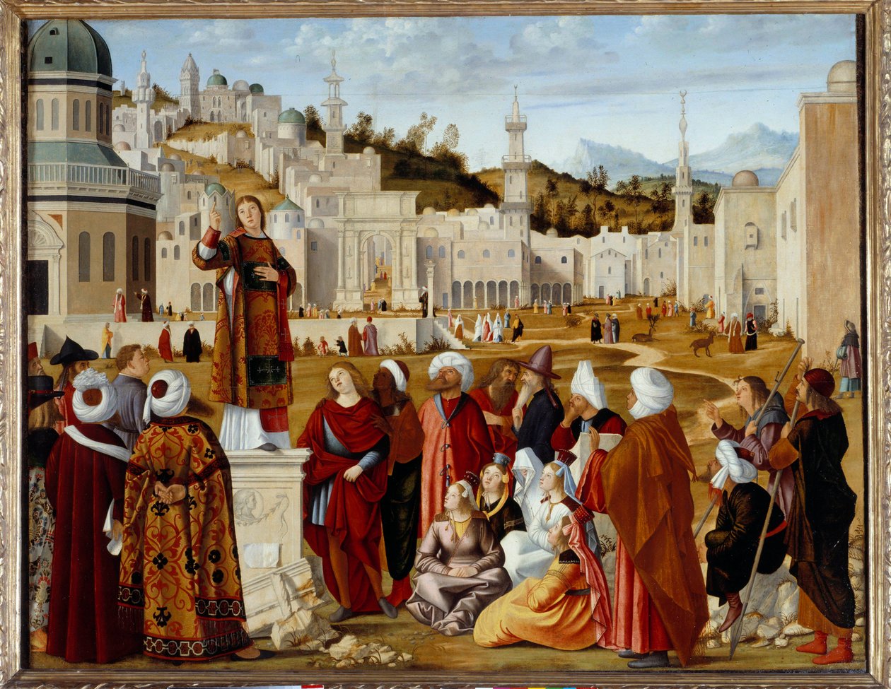 Předpověď sv. Štěpána v Jeruzalémě Obraz díl ze série realizované pro kapli Scuola si Santo Stefano v Benátkách. Obraz Vittore Carpaccia (1450/54-1525/26) Ne. 1,4x1,9 m - Kázání sv. Štěpána (St. Etienne) v Jeruzalémě. To od Vittore Carpaccio