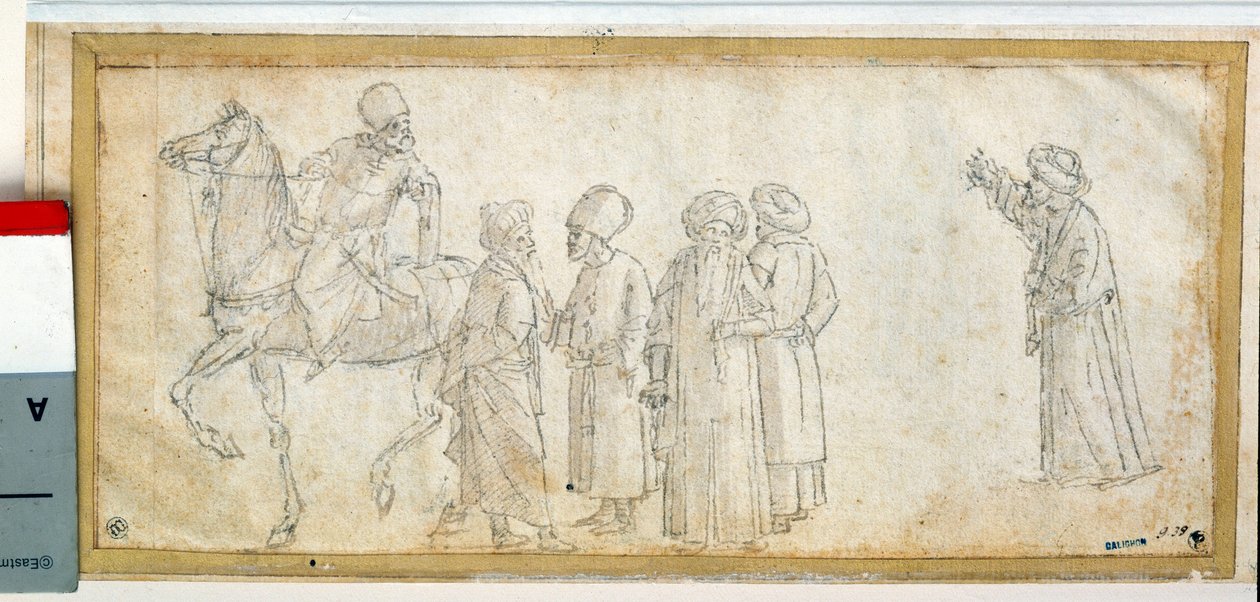 Turci, jeden z nich je na koni Kresba hnědým inkoustem a lazurou Vittore Carpaccio (1450-1526) Dim. 0,11 x 0,28 m Paříž. muzeum Louvre od Vittore Carpaccio