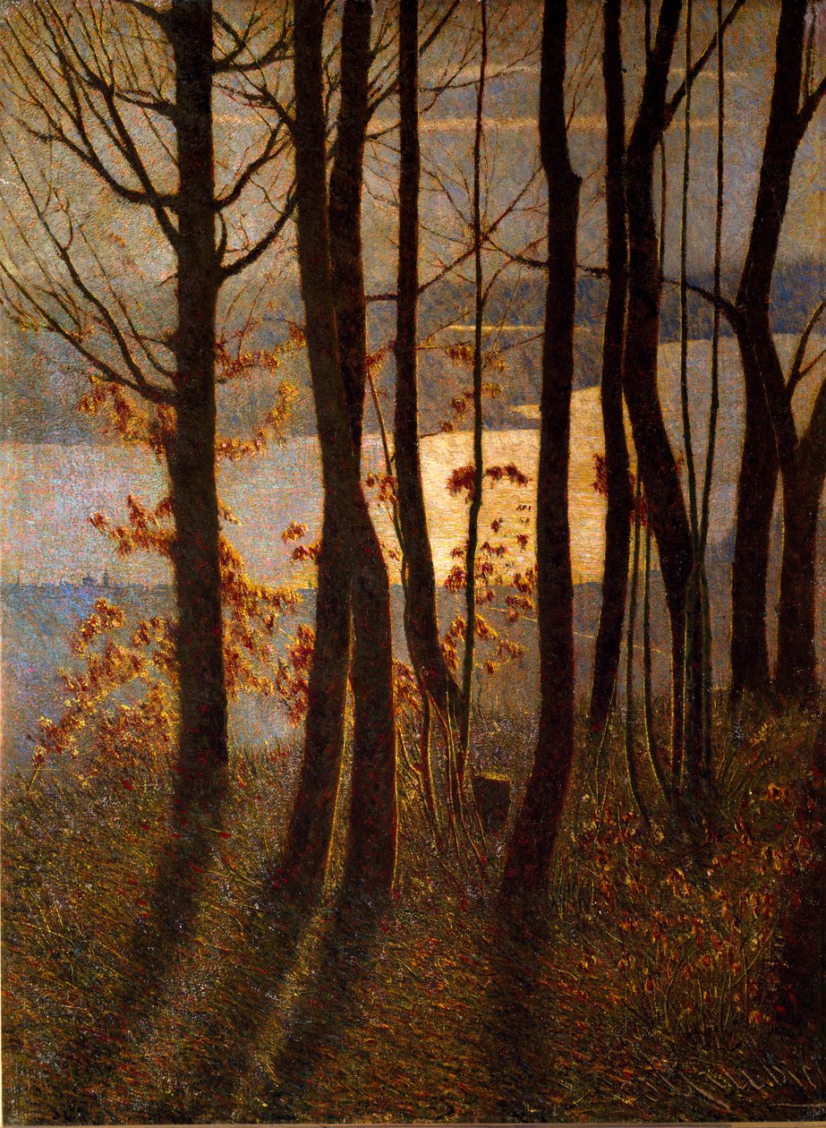 Ráno nebo „“ Panteistická báseň““ Krajina podrostu poblíž vodní plochy za úsvitu. Obraz Vittore Grubicy of Dragon (1851-1920) Milán, Galleria d
